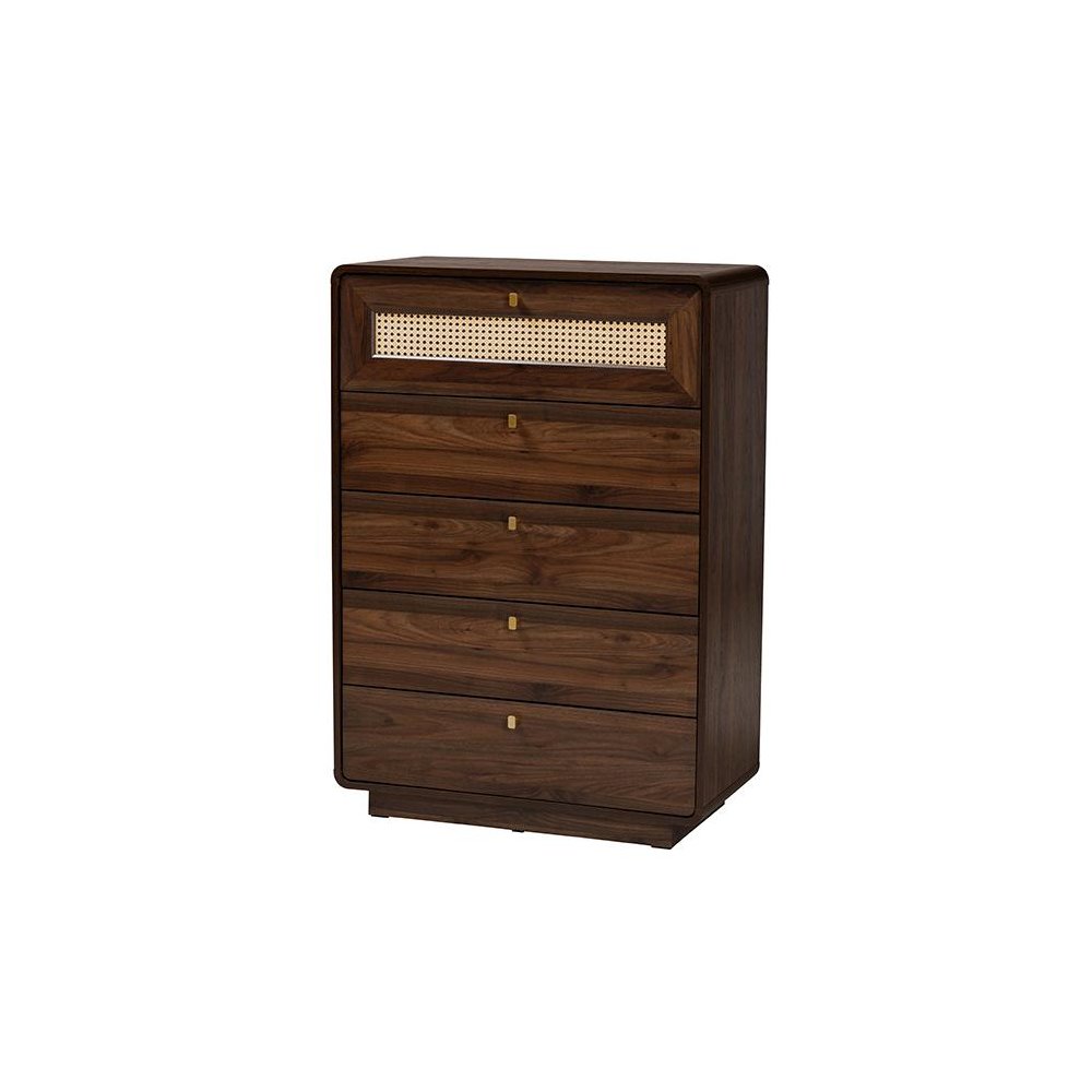 Jenibelle Classic Walnut Brown Wood 5-Drawer Chest with Rattan Drawer. Picture 1