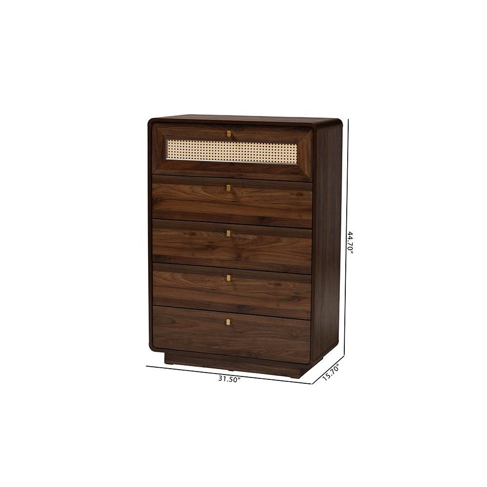 Jenibelle Classic Walnut Brown Wood 5-Drawer Chest with Rattan Drawer. Picture 10