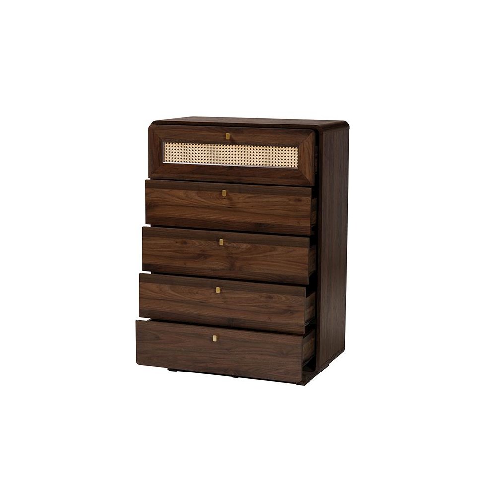 Jenibelle Classic Walnut Brown Wood 5-Drawer Chest with Rattan Drawer. Picture 2