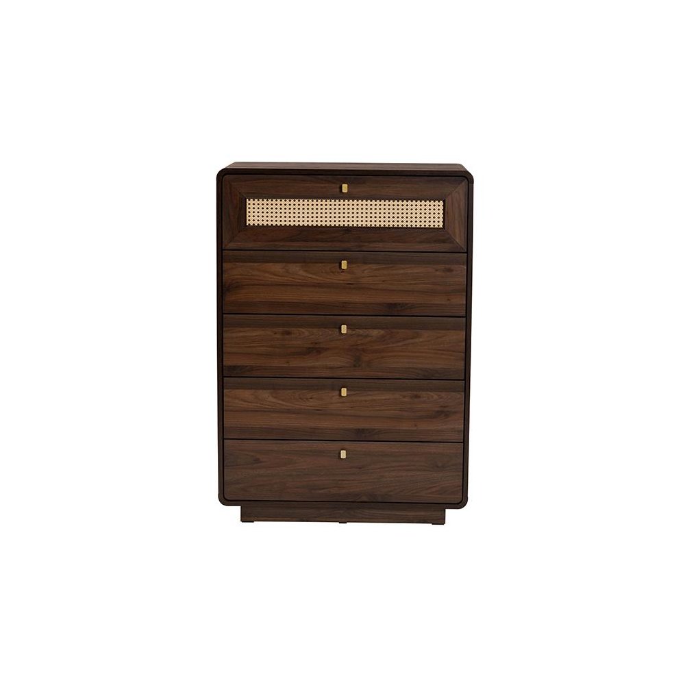 Jenibelle Classic Walnut Brown Wood 5-Drawer Chest with Rattan Drawer. Picture 3