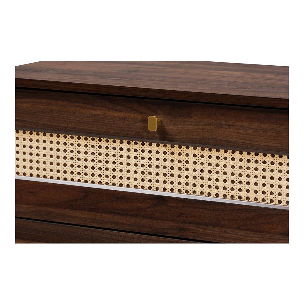 Jenibelle Classic Walnut Brown Wood 5-Drawer Chest with Rattan Drawer. Picture 5