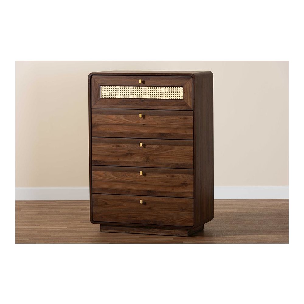 Jenibelle Classic Walnut Brown Wood 5-Drawer Chest with Rattan Drawer. Picture 9