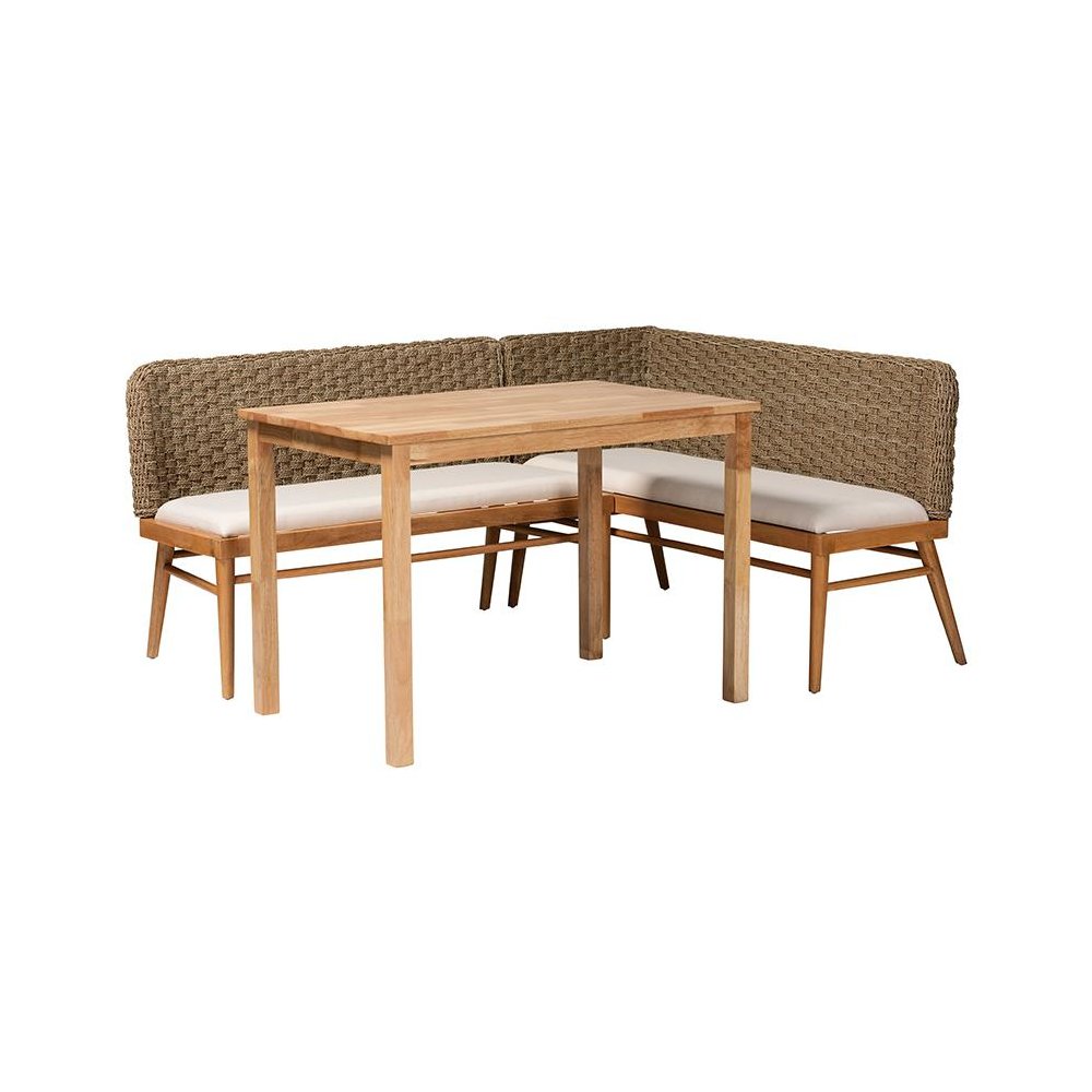 Denver Modern Bohemian Natural Seagrass and Acacia Wood 3-Piece Dining Nook Set. Picture 1