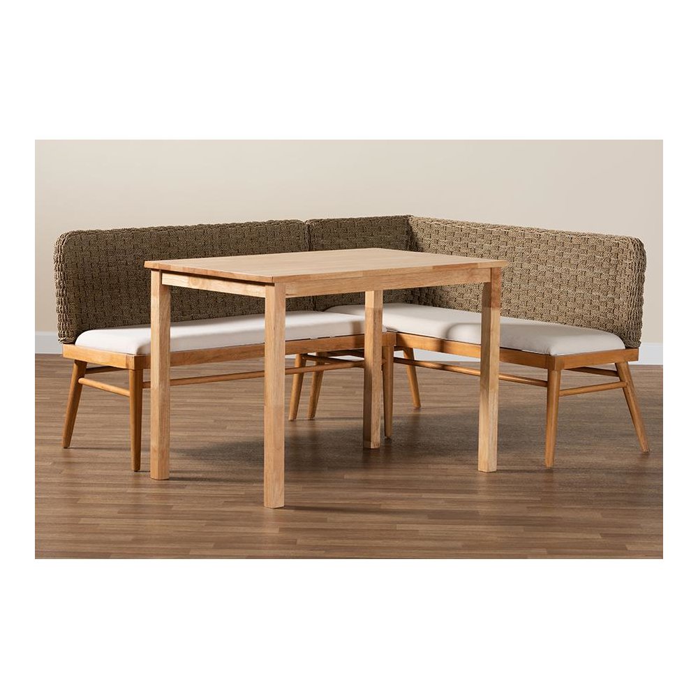 Denver Modern Bohemian Natural Seagrass and Acacia Wood 3-Piece Dining Nook Set. Picture 10