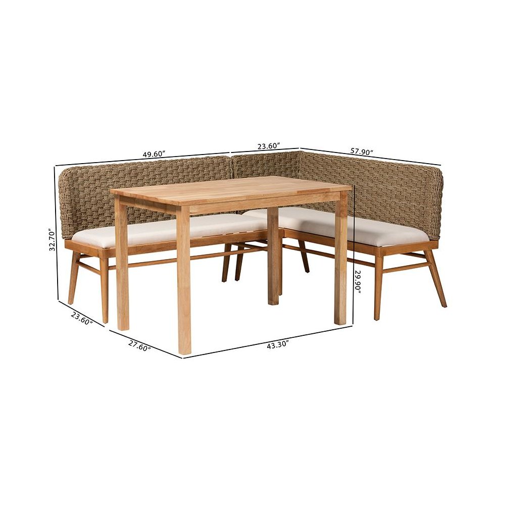 Denver Modern Bohemian Natural Seagrass and Acacia Wood 3-Piece Dining Nook Set. Picture 11