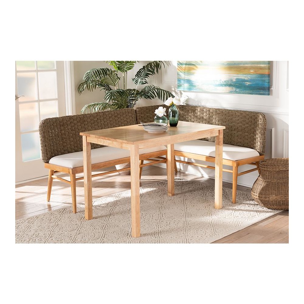 Denver Modern Bohemian Natural Seagrass and Acacia Wood 3-Piece Dining Nook Set. Picture 9