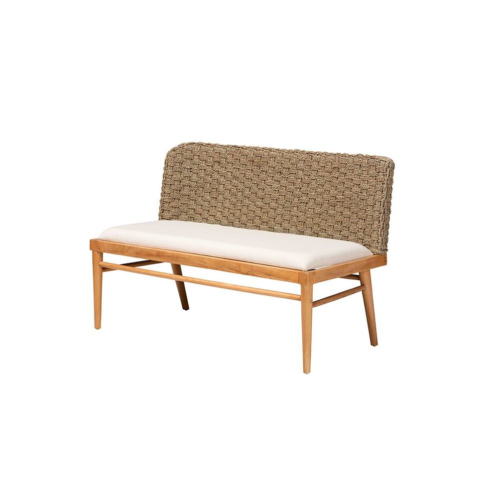 Bohemian Natural Seagrass and Acacia Wood 2-Piece Dining Nook Banquette Set. Picture 2