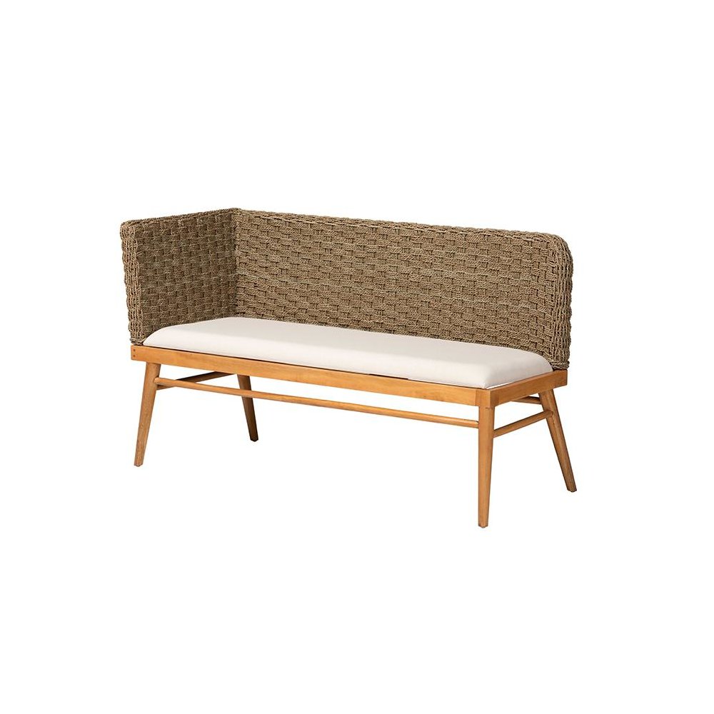 Bohemian Natural Seagrass and Acacia Wood 2-Piece Dining Nook Banquette Set. Picture 3