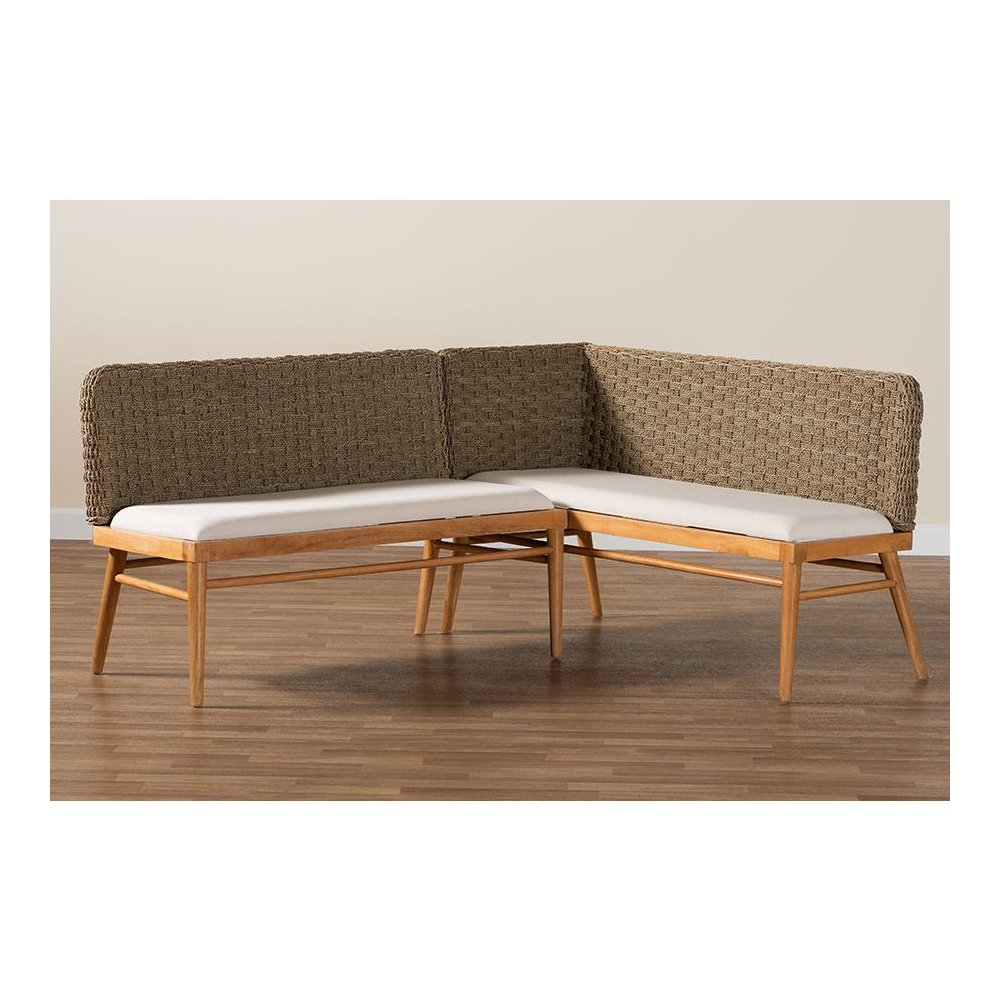 Bohemian Natural Seagrass and Acacia Wood 2-Piece Dining Nook Banquette Set. Picture 8