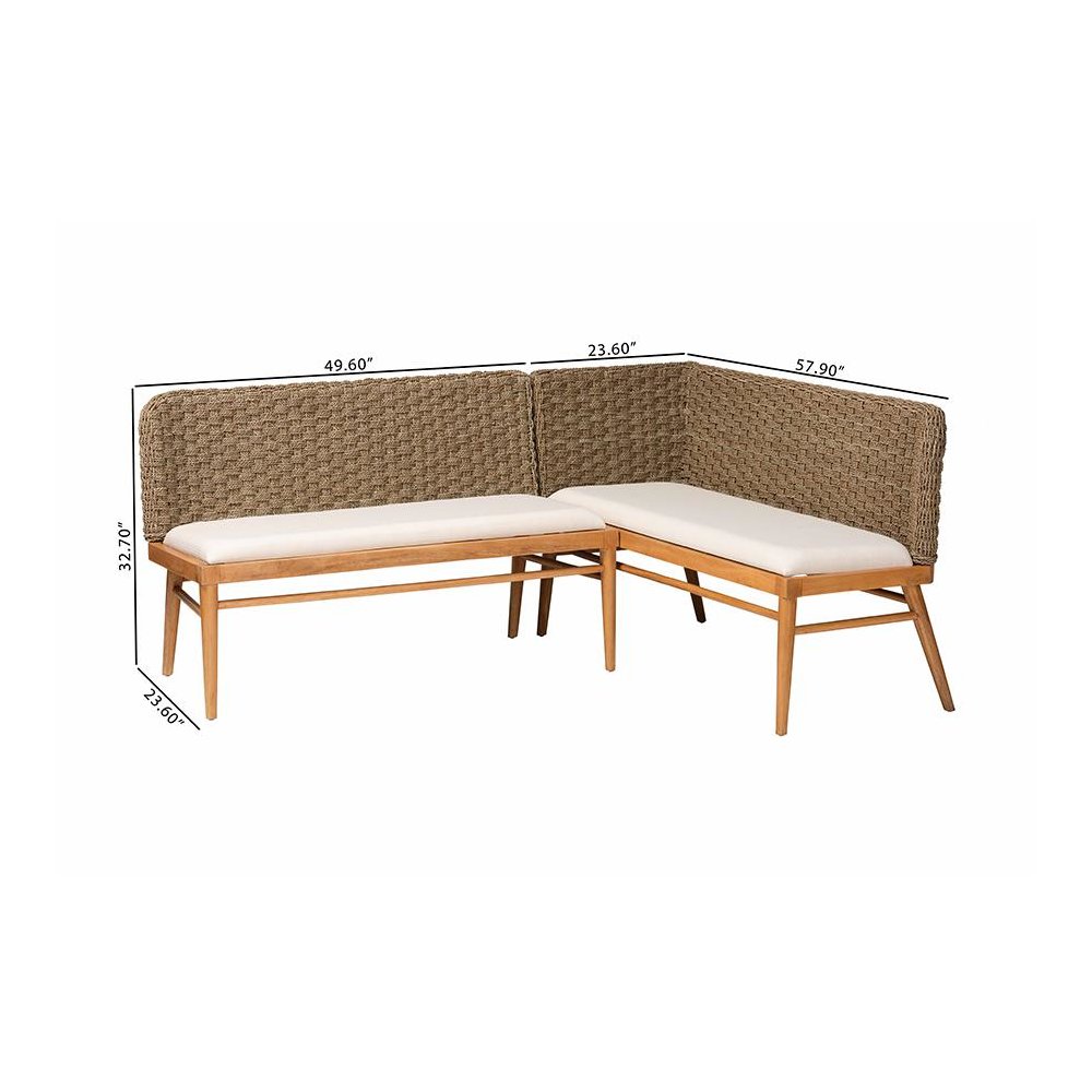 Bohemian Natural Seagrass and Acacia Wood 2-Piece Dining Nook Banquette Set. Picture 9