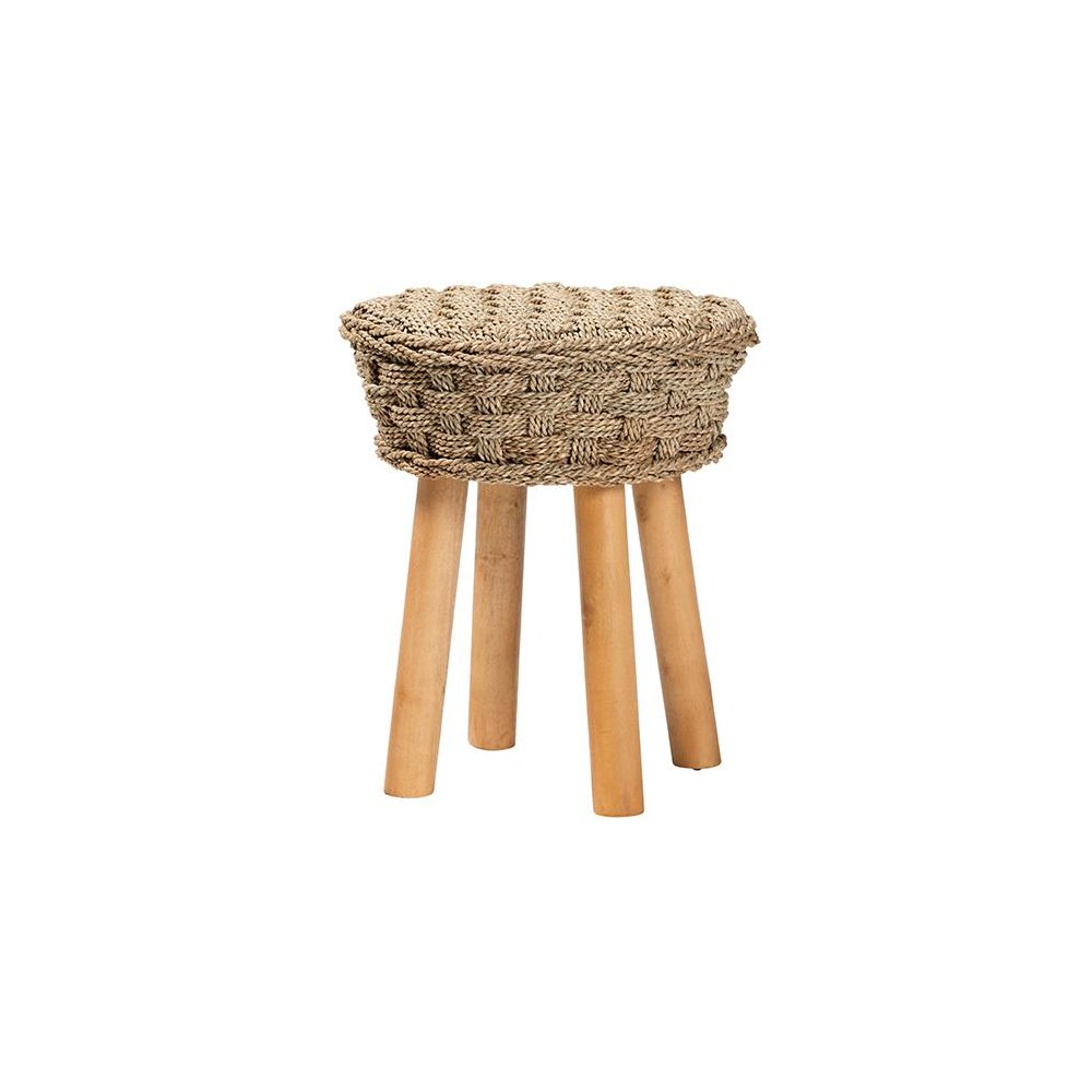 Denver Modern Bohemian Natural Seagrass and Acacia Wood Stool. Picture 1