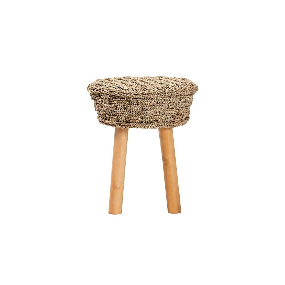 Denver Modern Bohemian Natural Seagrass and Acacia Wood Stool. Picture 2