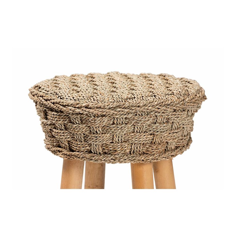 Denver Modern Bohemian Natural Seagrass and Acacia Wood Stool. Picture 3
