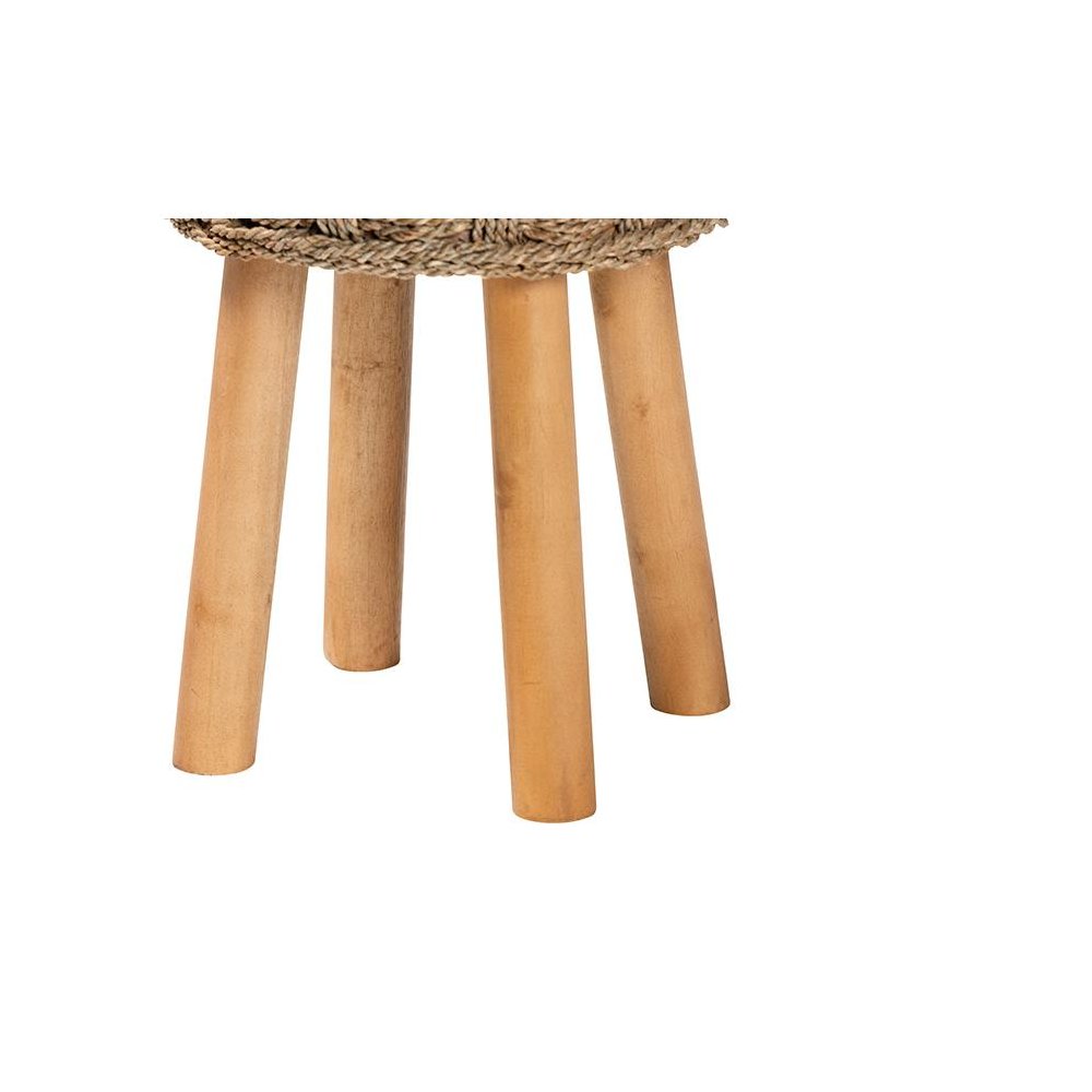 Denver Modern Bohemian Natural Seagrass and Acacia Wood Stool. Picture 4