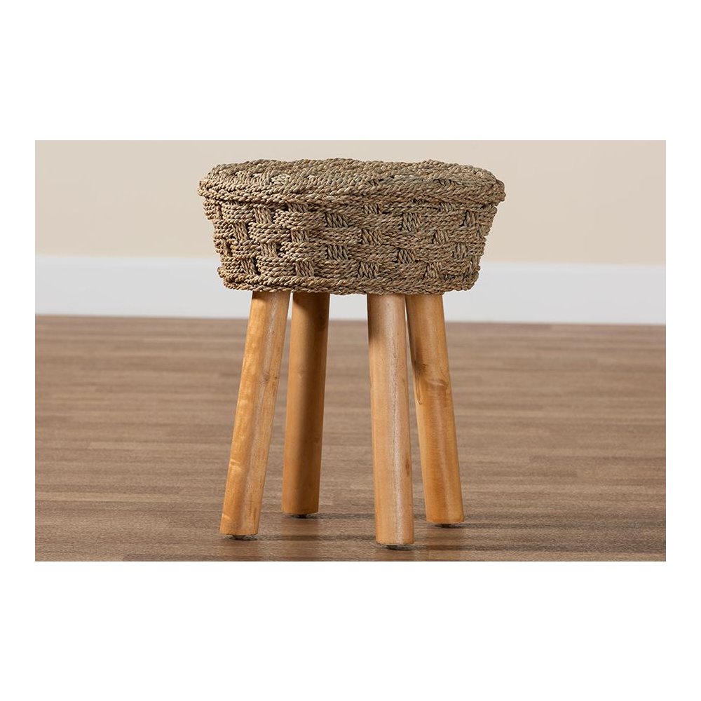 Denver Modern Bohemian Natural Seagrass and Acacia Wood Stool. Picture 7