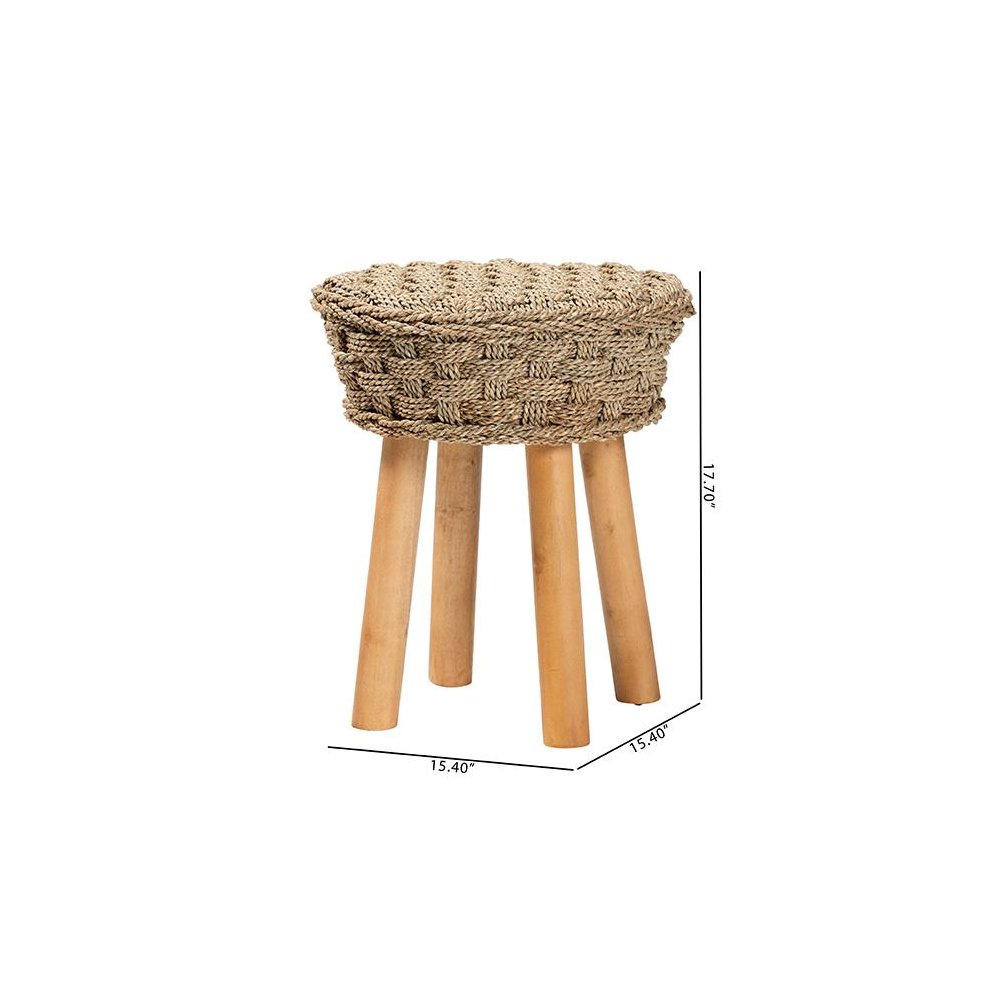 Denver Modern Bohemian Natural Seagrass and Acacia Wood Stool. Picture 8