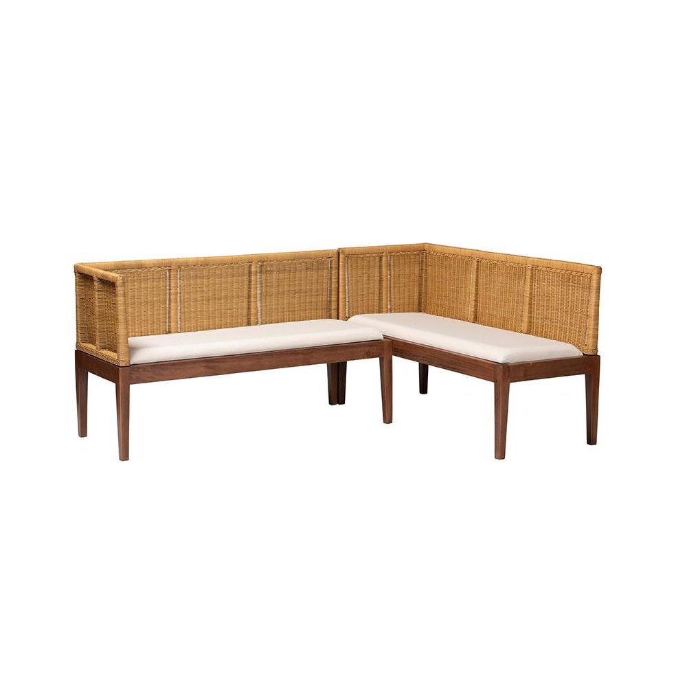 Nautral Brown Rattan and Brown Acacia Wood 2-Piece Dining Nook Banquette Set. Picture 1