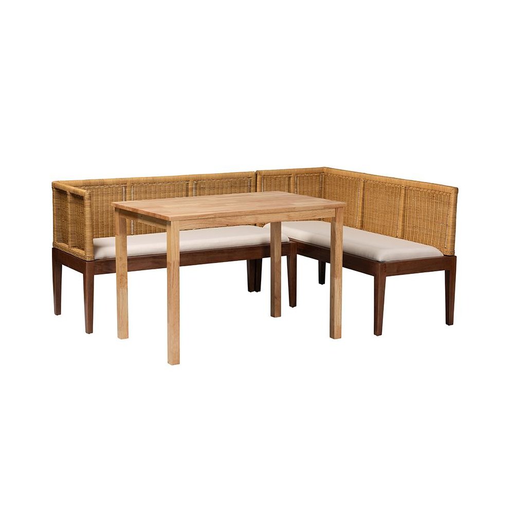 Bohemian Natural Brown Rattan and Brown Acacia Wood 3-Piece Dining Nook set. Picture 1