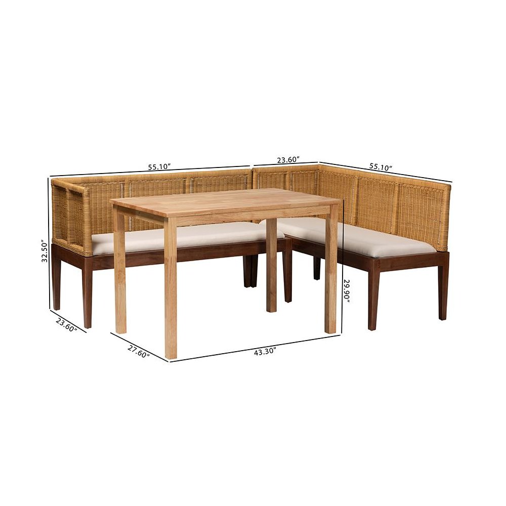 Bohemian Natural Brown Rattan and Brown Acacia Wood 3-Piece Dining Nook set. Picture 10