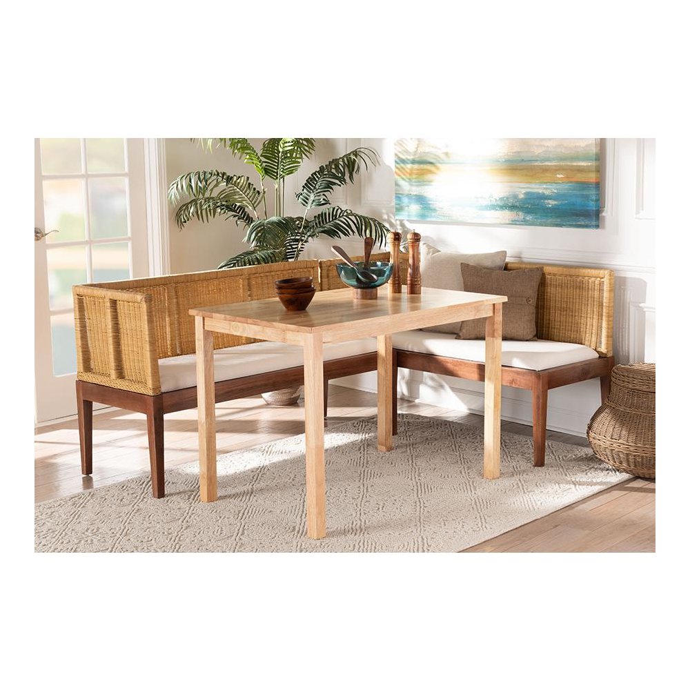 Bohemian Natural Brown Rattan and Brown Acacia Wood 3-Piece Dining Nook set. Picture 8