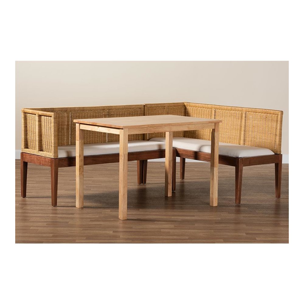 Bohemian Natural Brown Rattan and Brown Acacia Wood 3-Piece Dining Nook set. Picture 9