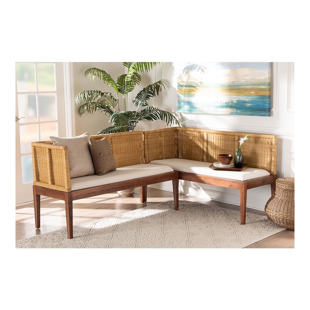 Nautral Brown Rattan and Brown Acacia Wood 2-Piece Dining Nook Banquette Set. Picture 6