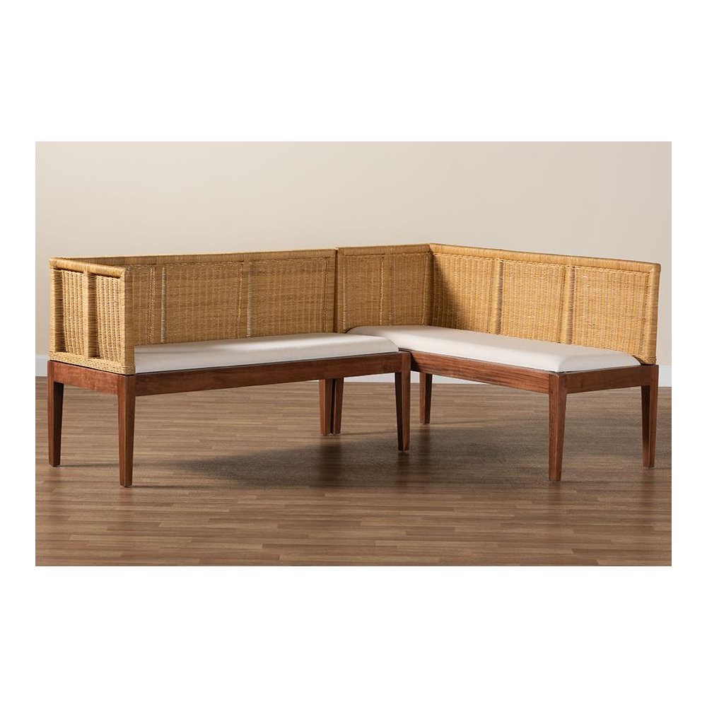 Nautral Brown Rattan and Brown Acacia Wood 2-Piece Dining Nook Banquette Set. Picture 7