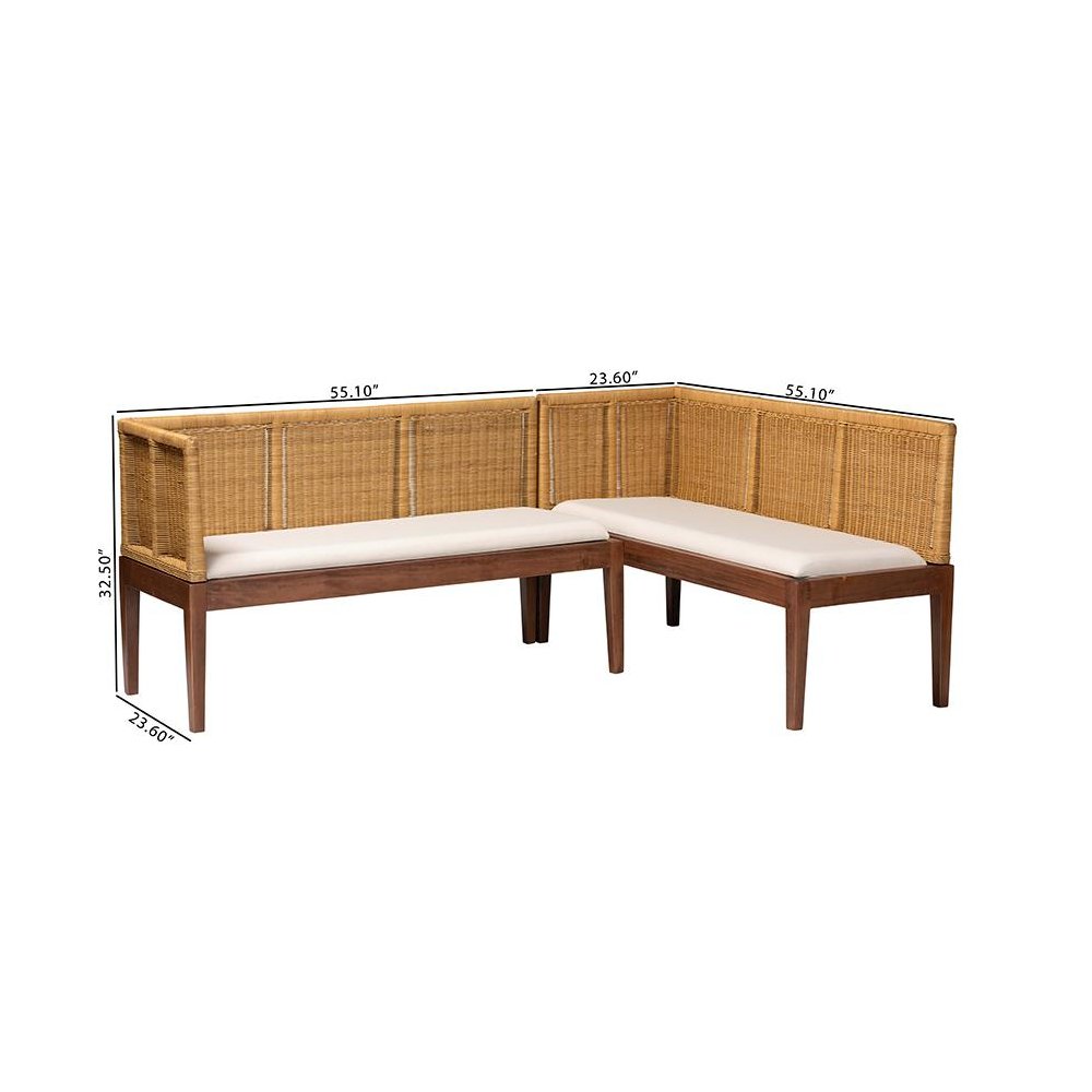 Nautral Brown Rattan and Brown Acacia Wood 2-Piece Dining Nook Banquette Set. Picture 8