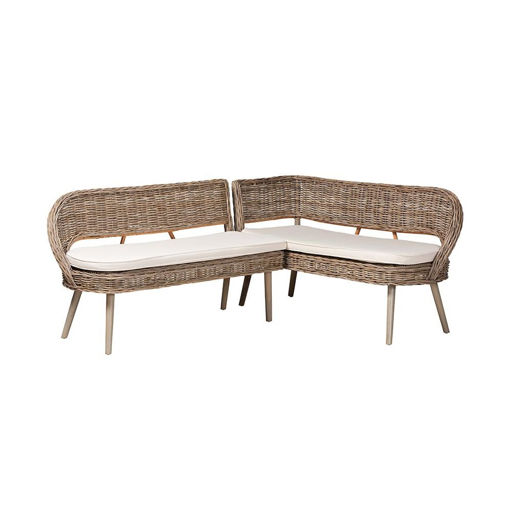 Natural Kubu Rattan and Grey Acacia Wood 2-Piece Dining Nook Banquette Set. Picture 1