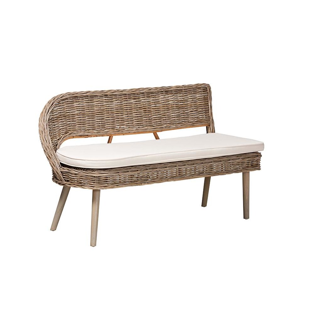 Natural Kubu Rattan and Grey Acacia Wood 2-Piece Dining Nook Banquette Set. Picture 2