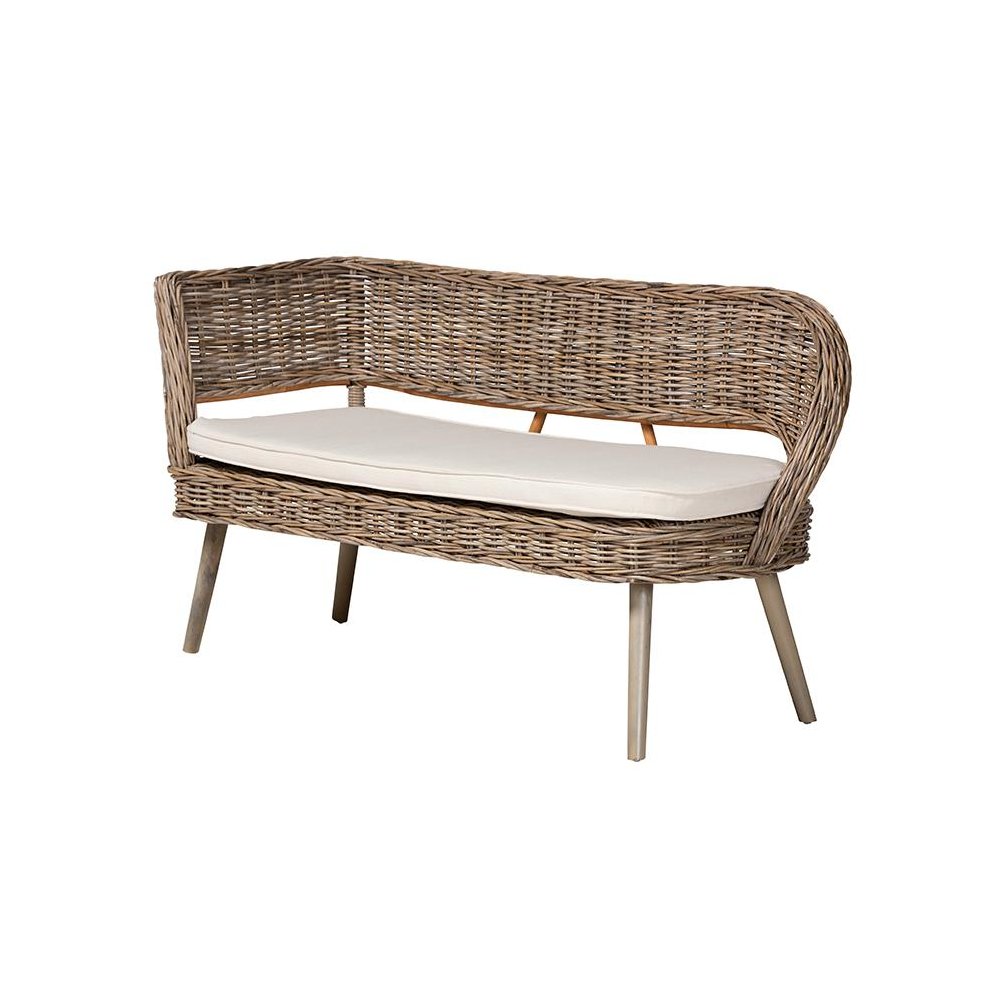Natural Kubu Rattan and Grey Acacia Wood 2-Piece Dining Nook Banquette Set. Picture 3