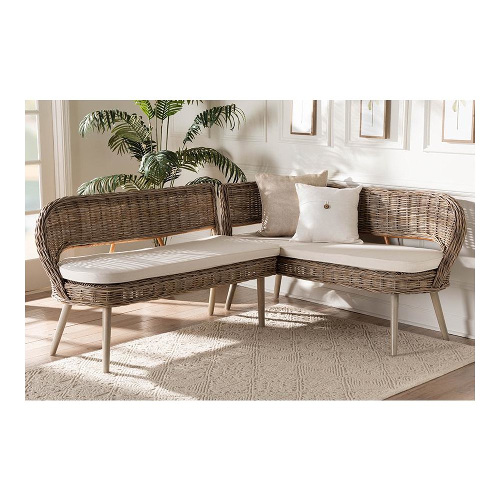 Natural Kubu Rattan and Grey Acacia Wood 2-Piece Dining Nook Banquette Set. Picture 7