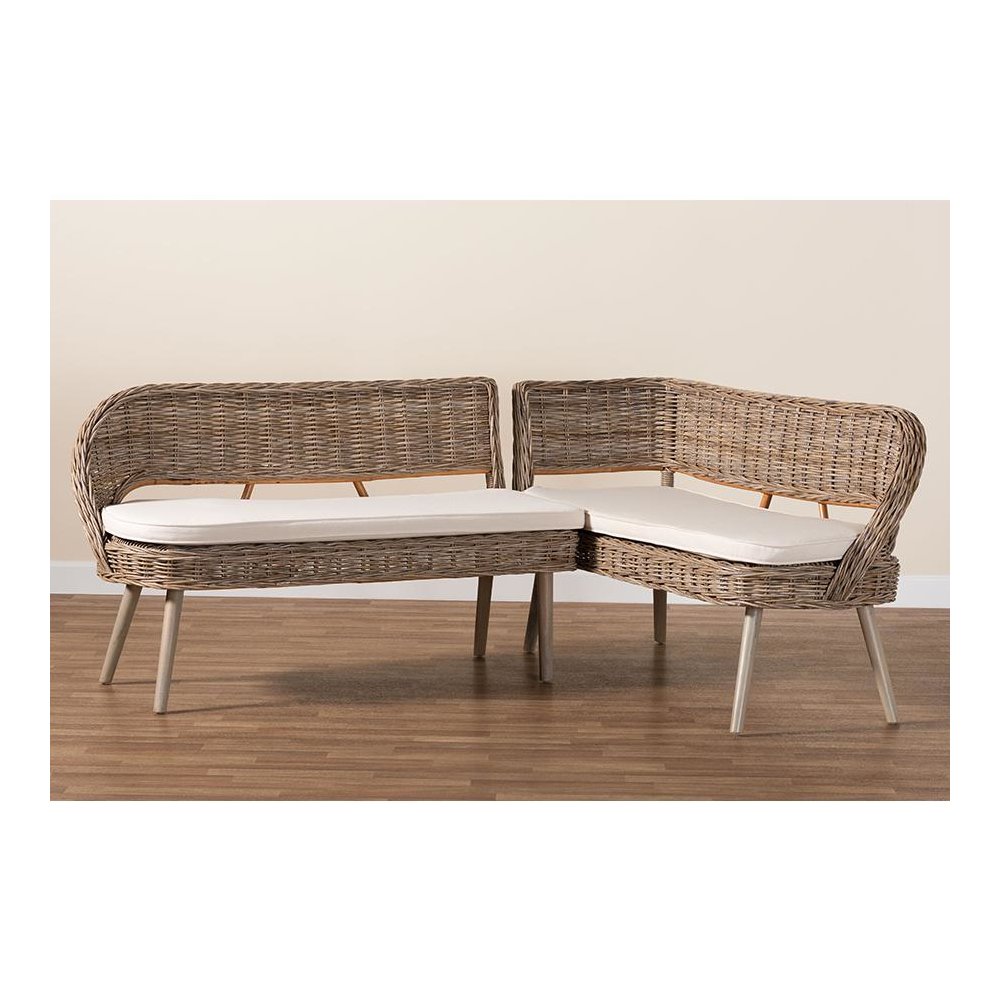 Natural Kubu Rattan and Grey Acacia Wood 2-Piece Dining Nook Banquette Set. Picture 8