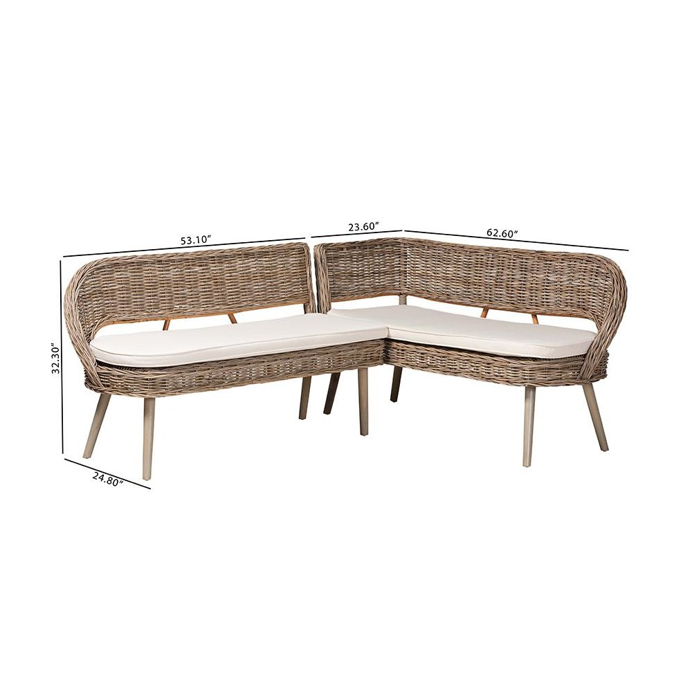 Natural Kubu Rattan and Grey Acacia Wood 2-Piece Dining Nook Banquette Set. Picture 9