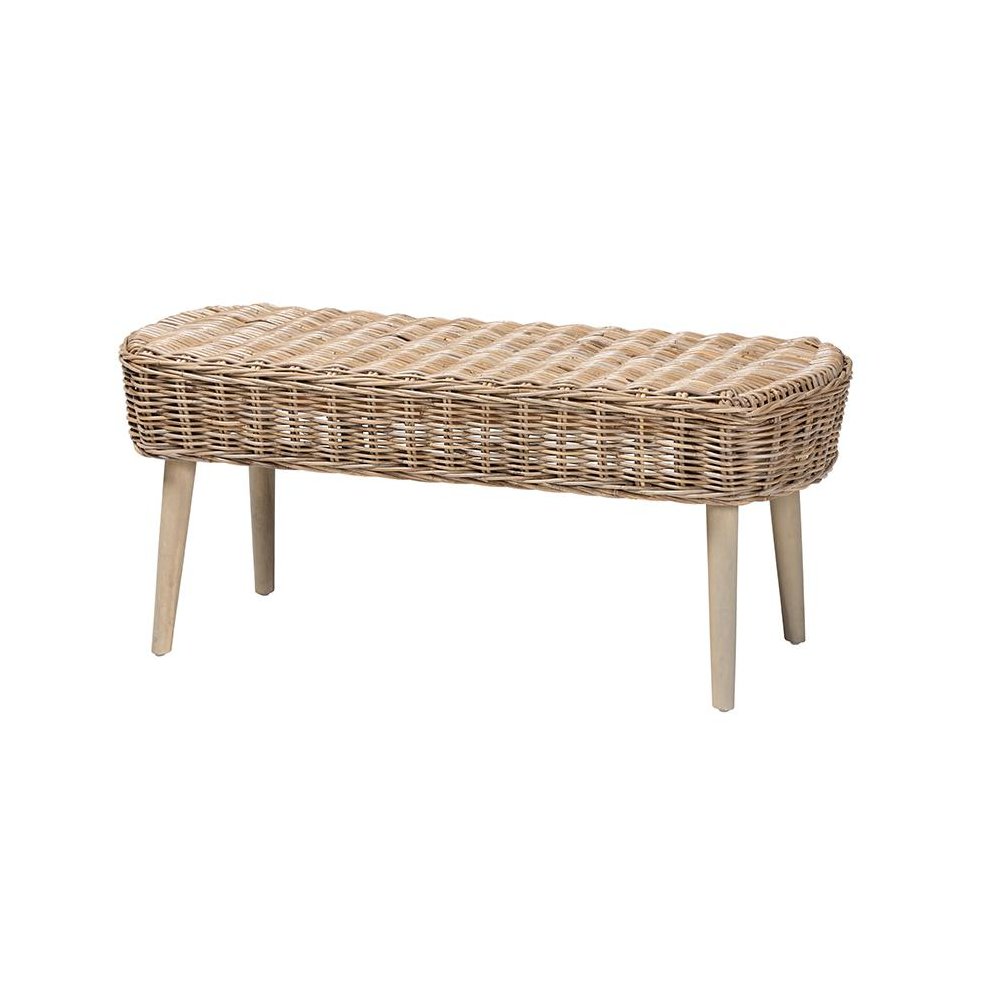 Raisa Modern Bohemian Natural Kubu Rattan and Grey Acacia Wood Accent Bench. Picture 1