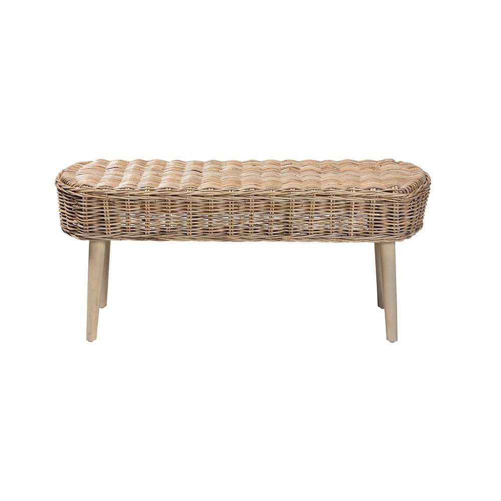 Raisa Modern Bohemian Natural Kubu Rattan and Grey Acacia Wood Accent Bench. Picture 2