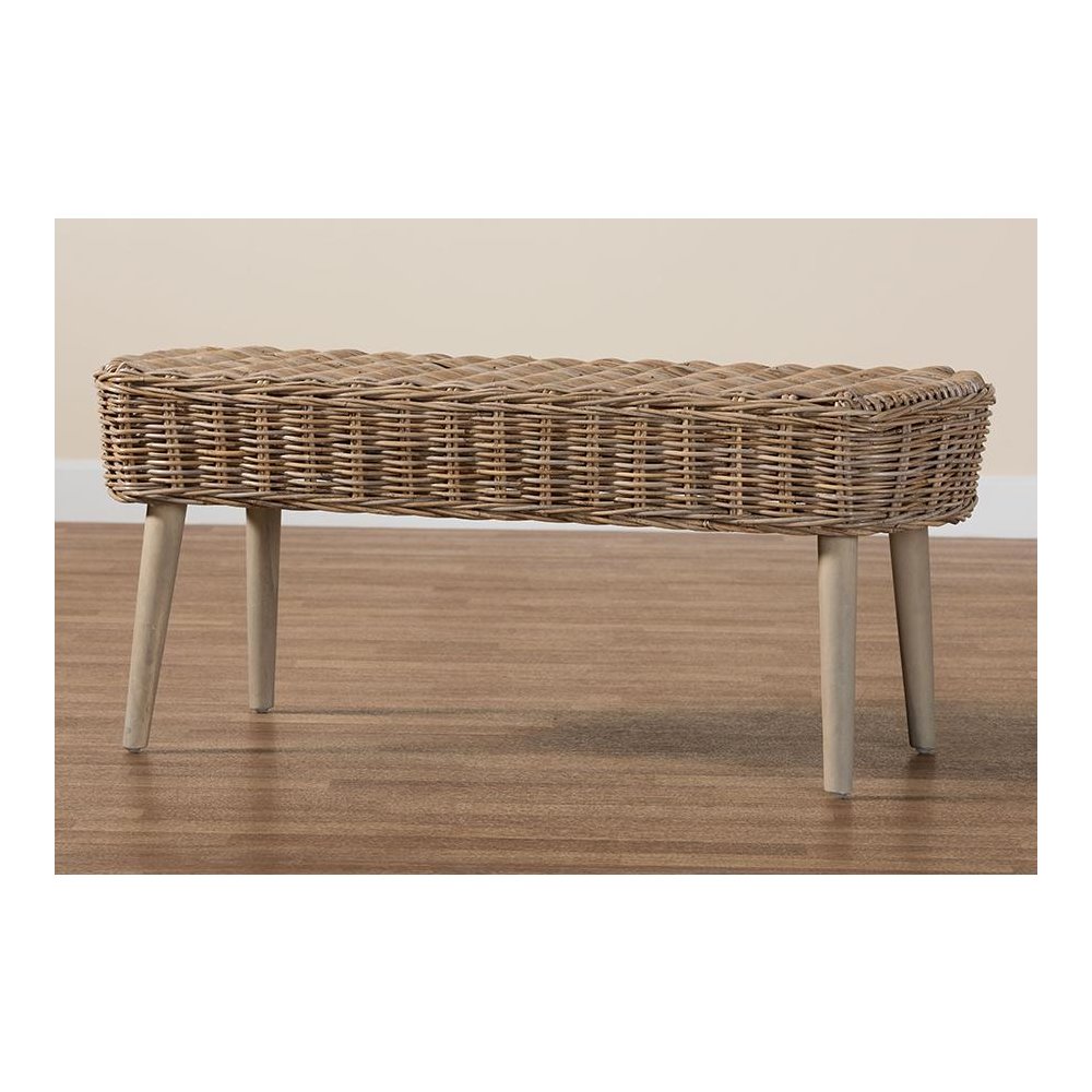 Raisa Modern Bohemian Natural Kubu Rattan and Grey Acacia Wood Accent Bench. Picture 8