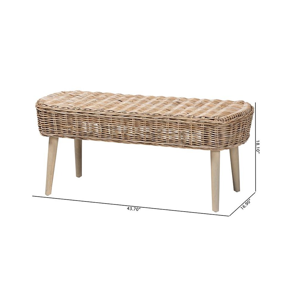 Raisa Modern Bohemian Natural Kubu Rattan and Grey Acacia Wood Accent Bench. Picture 9