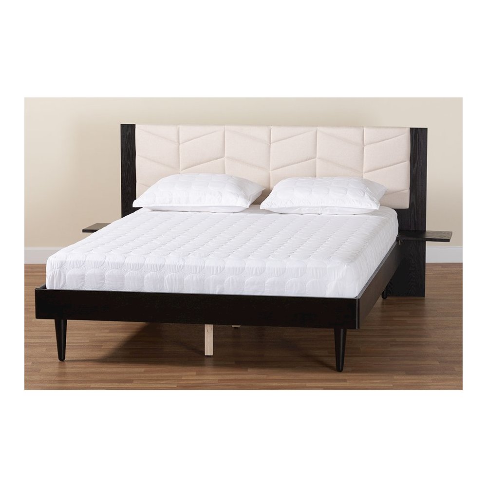 Beige Fabric and Black Wood Queen Size Bed with Built-In Side Tables. Picture 10