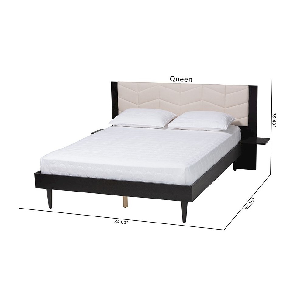Beige Fabric and Black Wood Queen Size Bed with Built-In Side Tables. Picture 11