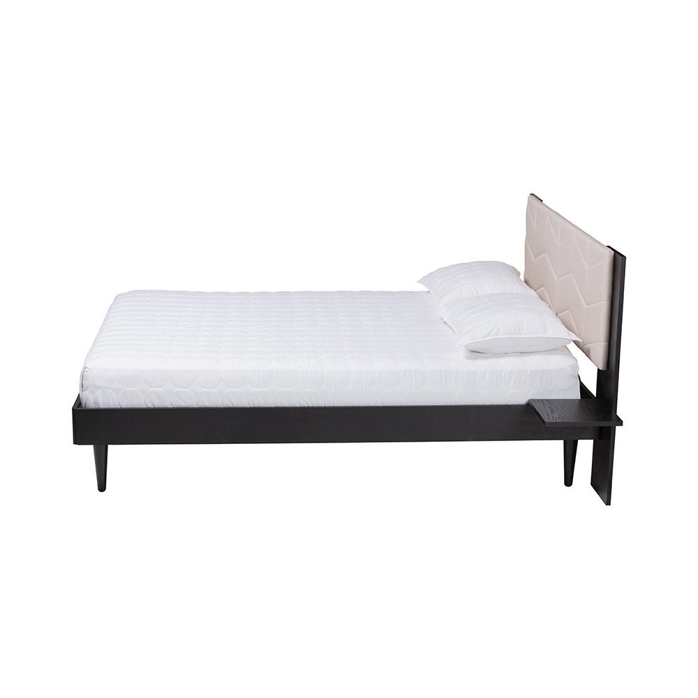 Beige Fabric and Black Wood Queen Size Bed with Built-In Side Tables. Picture 2