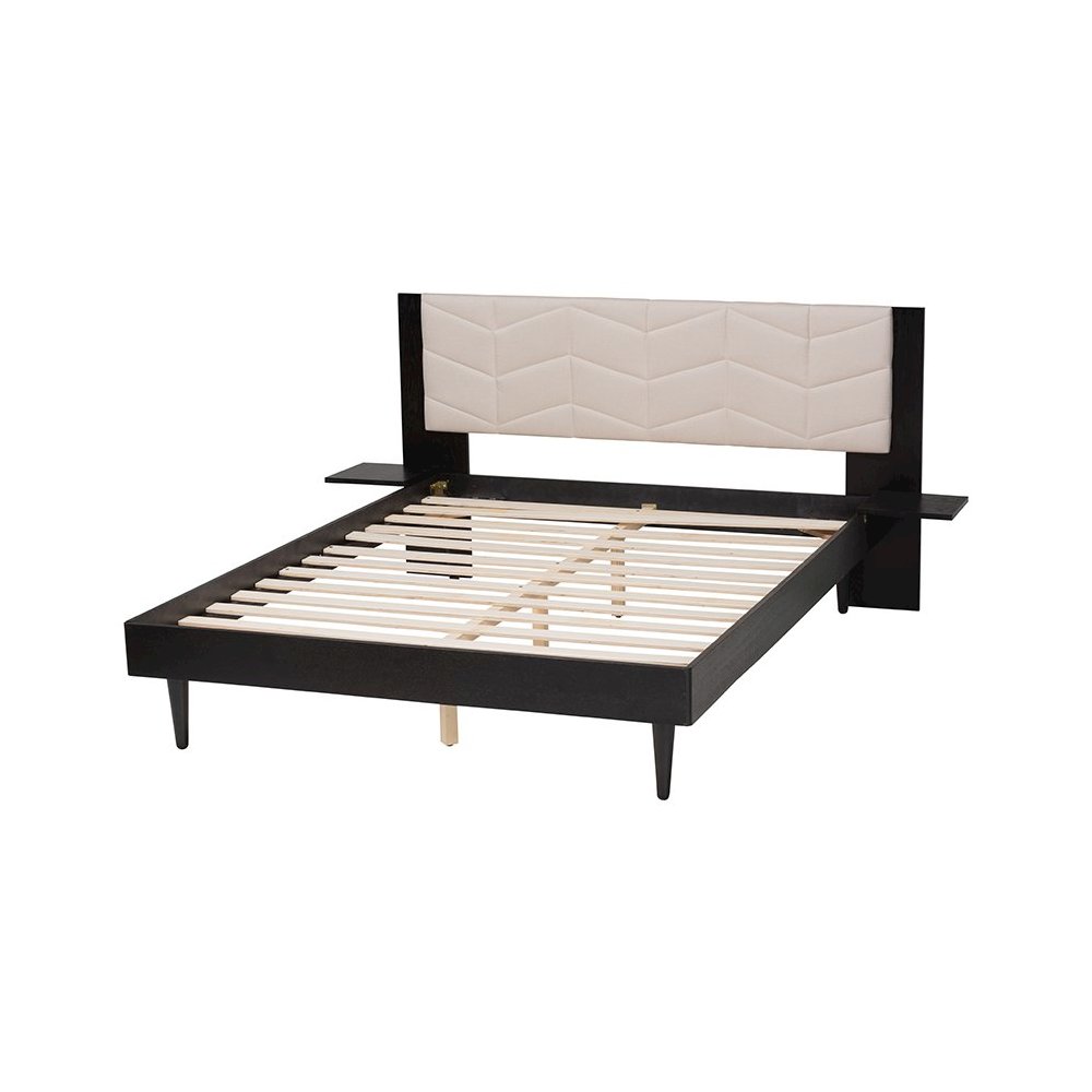 Beige Fabric and Black Wood Queen Size Bed with Built-In Side Tables. Picture 3