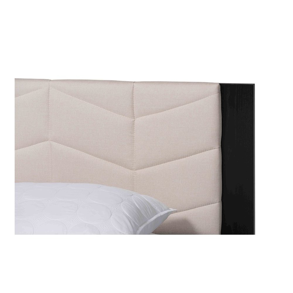 Beige Fabric and Black Wood Queen Size Bed with Built-In Side Tables. Picture 4