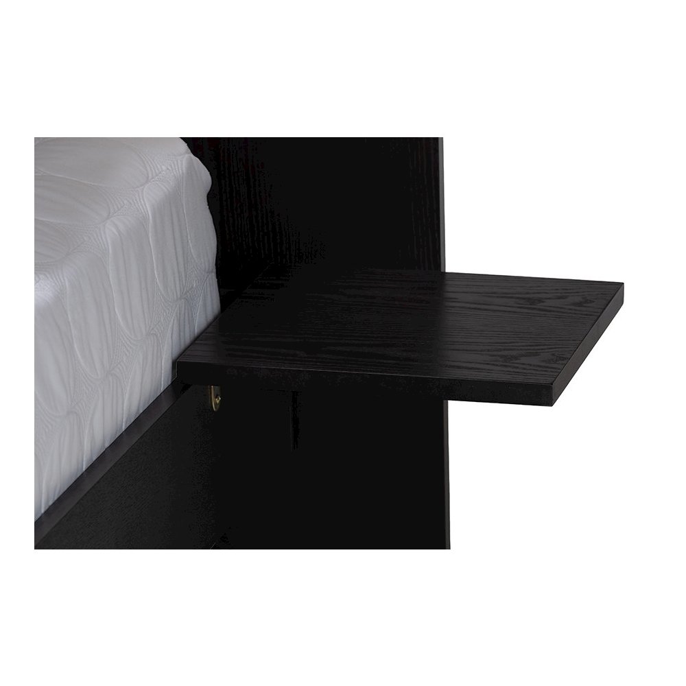 Beige Fabric and Black Wood Queen Size Bed with Built-In Side Tables. Picture 5