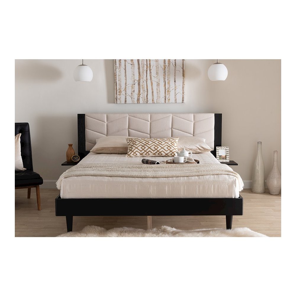 Beige Fabric and Black Wood Queen Size Bed with Built-In Side Tables. Picture 9