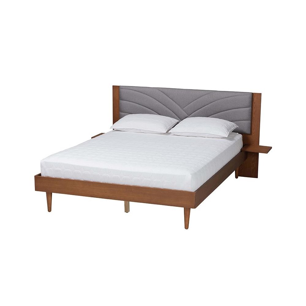 Walnut Brown Wood Queen Size Platform Bed With Floating Side Table. Picture 1