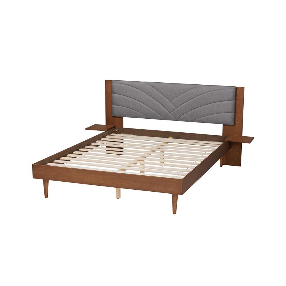 Walnut Brown Wood Queen Size Platform Bed With Floating Side Table. Picture 3