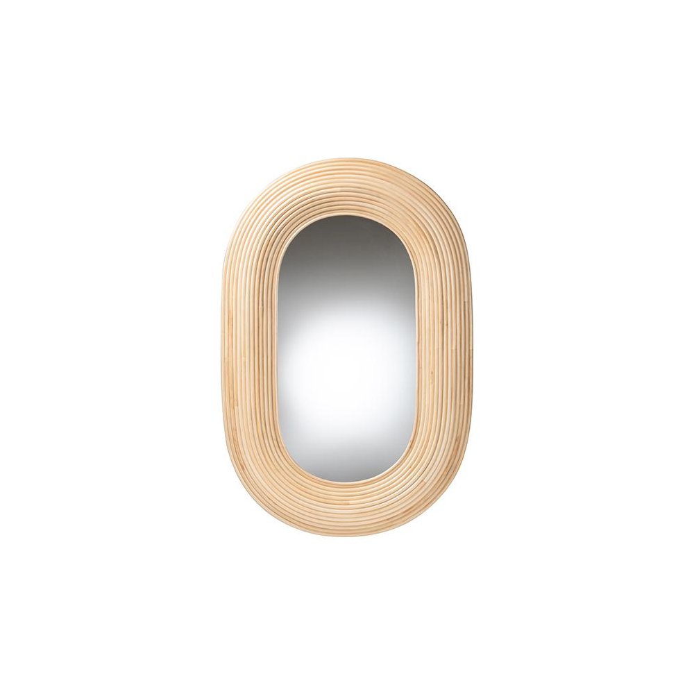 Drucilla Modern Bohemian Natural Brown Rattan Oval Accent Wall Mirror. Picture 1