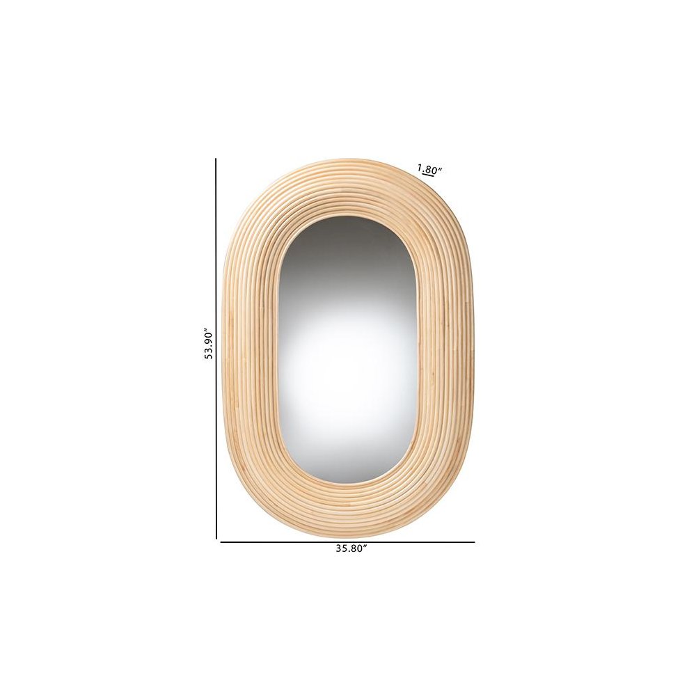 Drucilla Modern Bohemian Natural Brown Rattan Oval Accent Wall Mirror. Picture 5