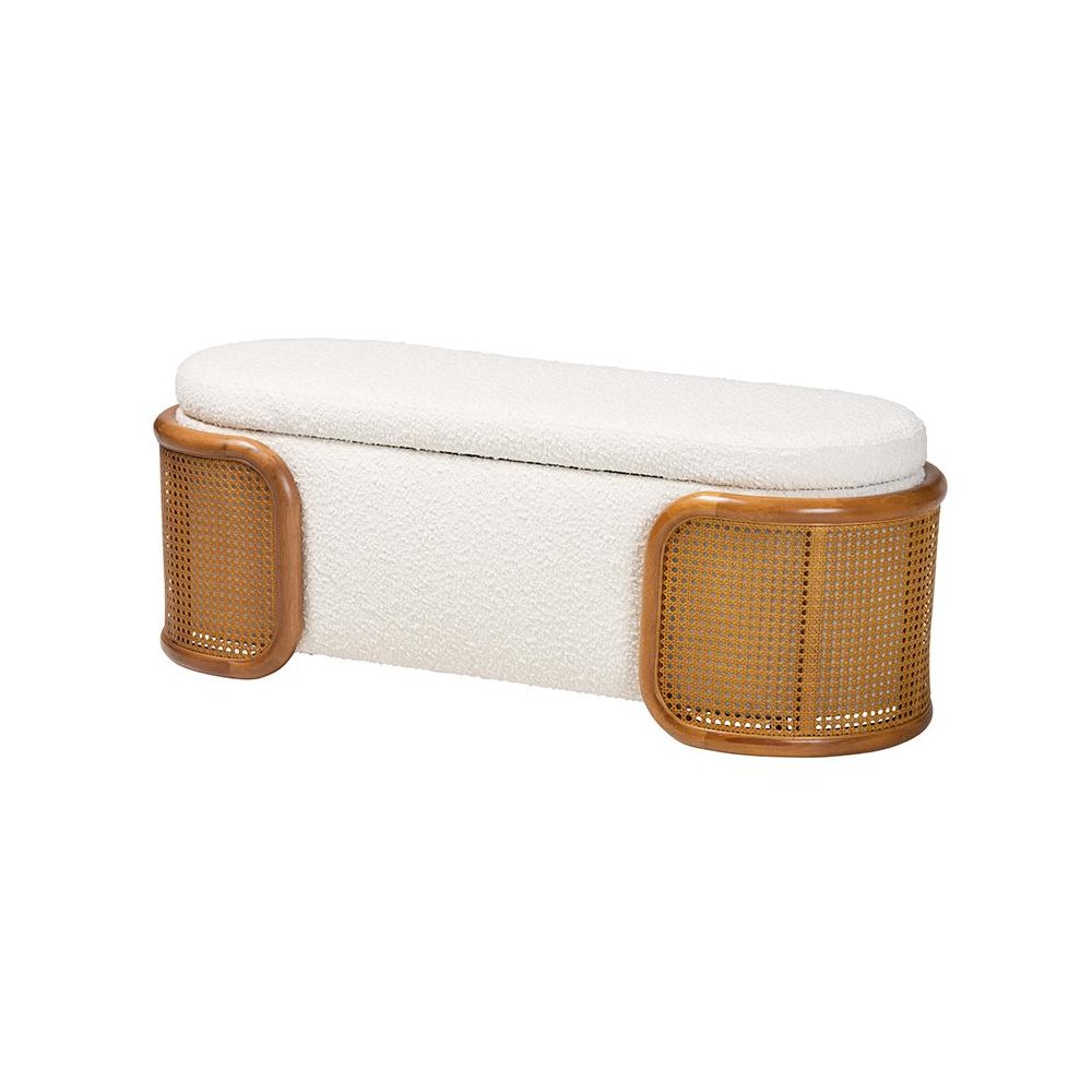 Baxton Studio Basira Japandi Cream Boucle Fabric Storage Bench with Woven Rattan. Picture 1